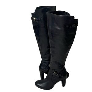 UGG Black Leather Knee Boots Adyson Stacked Heel Buckle Womens Size 6.5